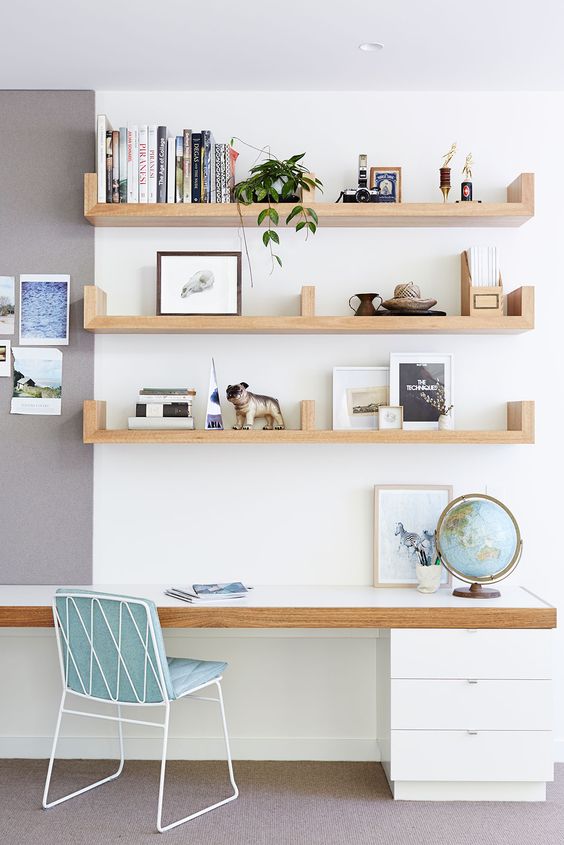 Floating shelves to stay well organised and has maximised the work space.
www.project12architecture.com
